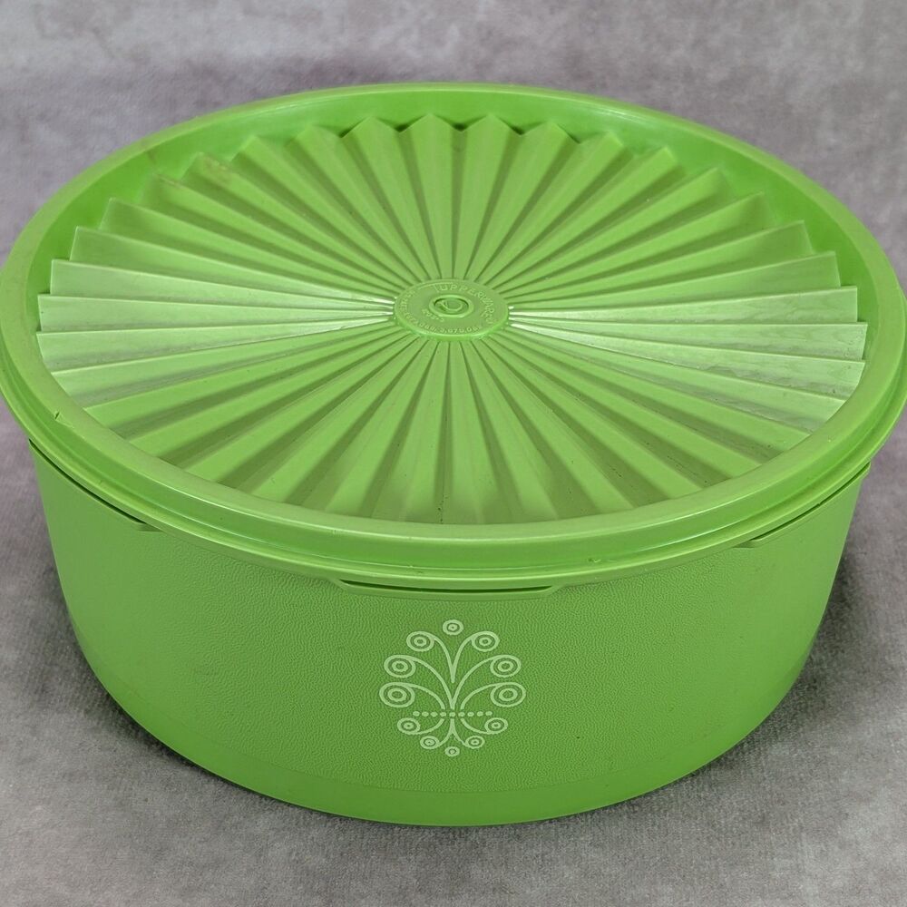 Vintage Tupperware Servalier Green Bowl 1204 White Scroll Graphic Starburst Lid